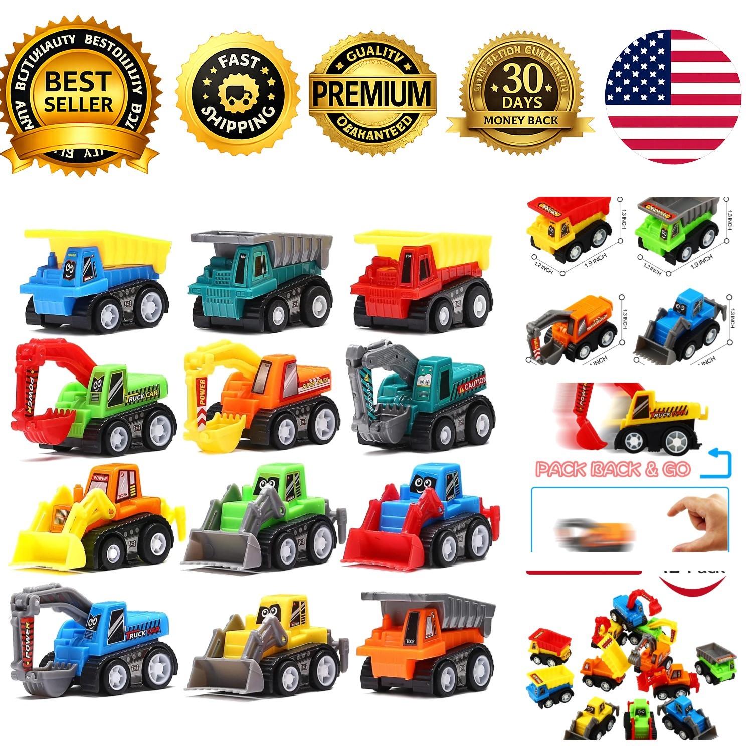 Funcorn Toys Pull Back Car 12 Pcs Mini Truck Toy Kit Set Dumper Excavator