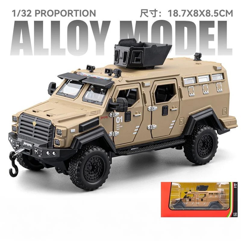 1:32 Police Armored Off-Road Diecast Car Model – Alloy Military Truck w/ Light