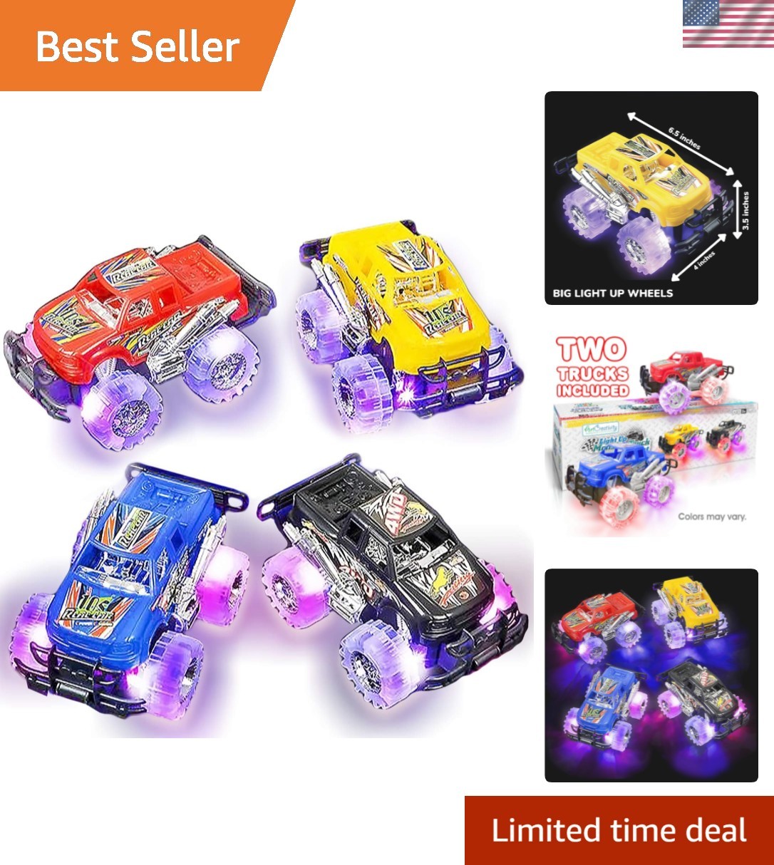 Light-Up Monster Truck Toys 2-Pack – Push-&-Go Cars with Glowing Wheels – Bir…