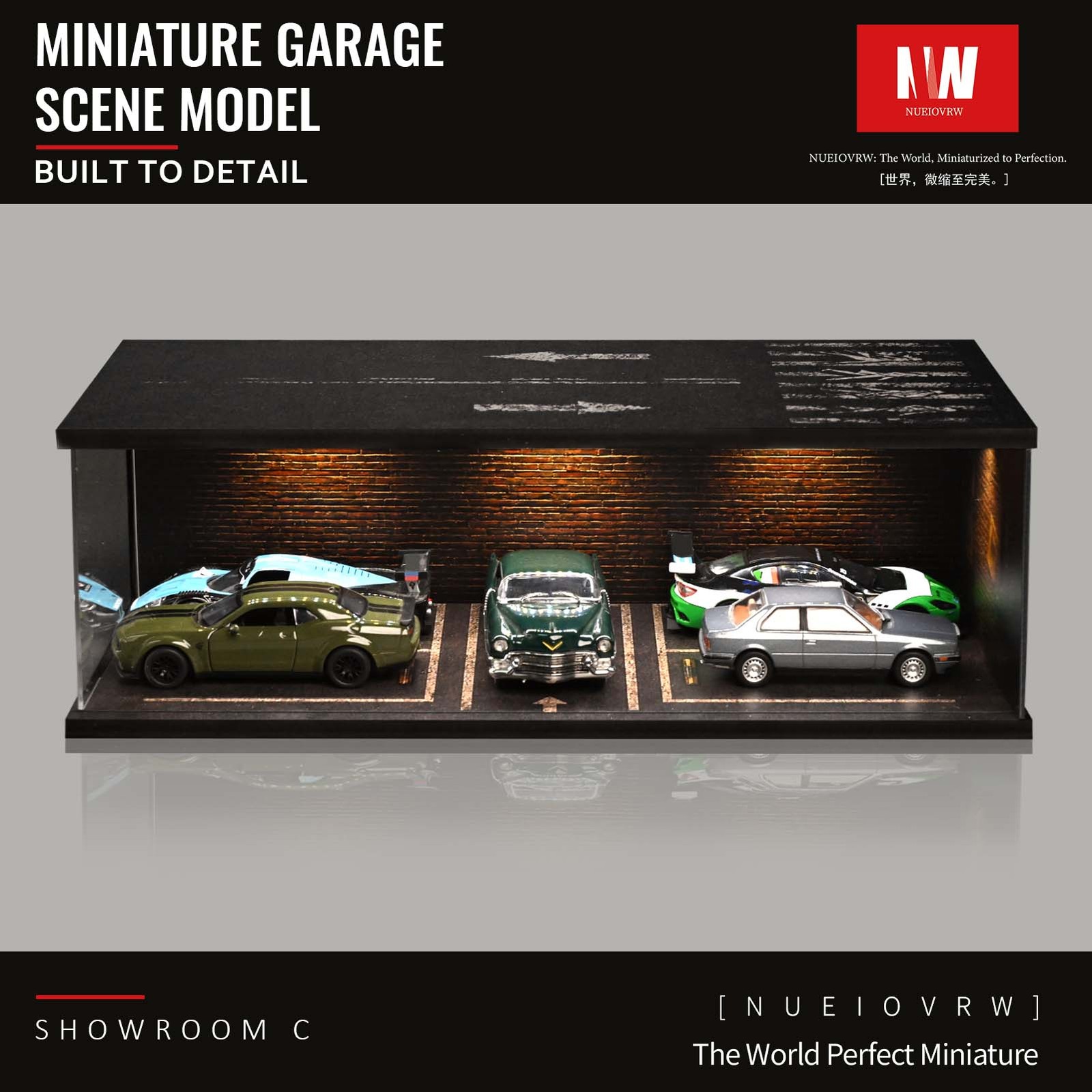 US 1:64/43 Black Garage Diorama Model LED Lighting Parking Lot Display Case Gift