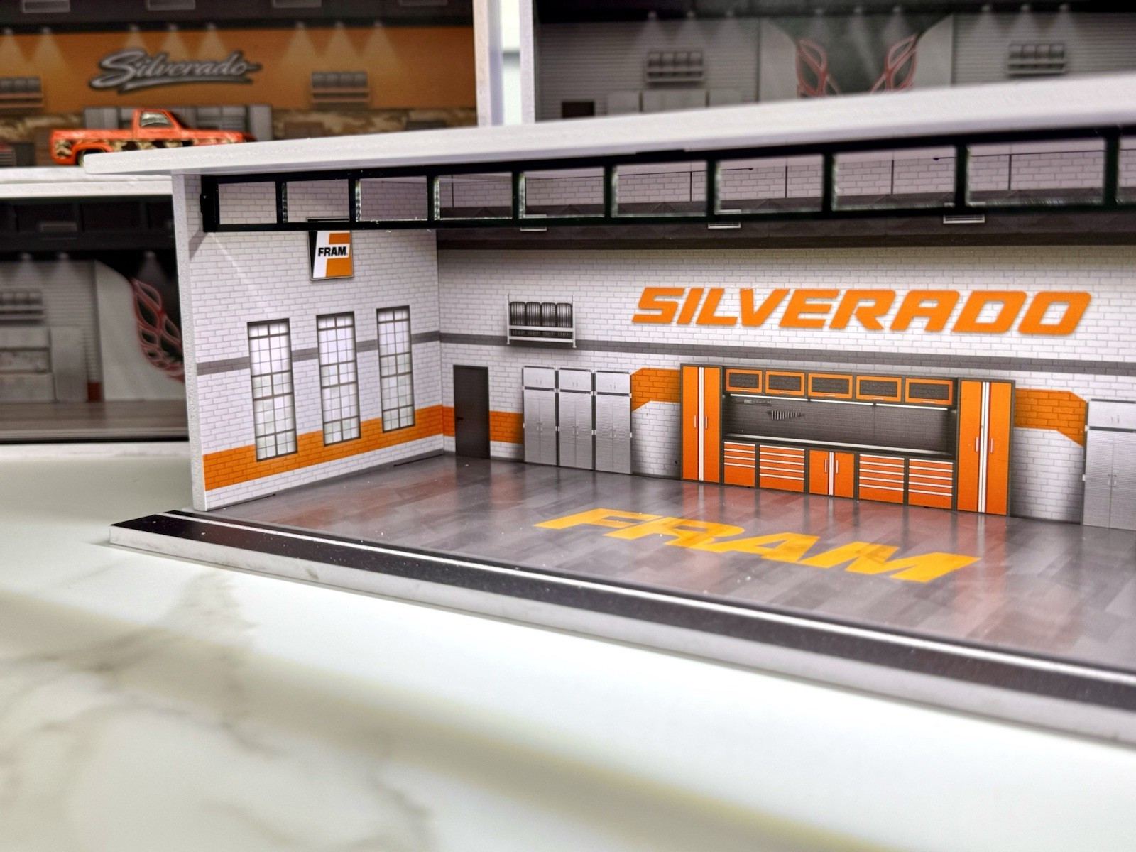 White Fram For 83 Silverado Themed Diorama 1:64 Scale Model Garage LED Lighting!