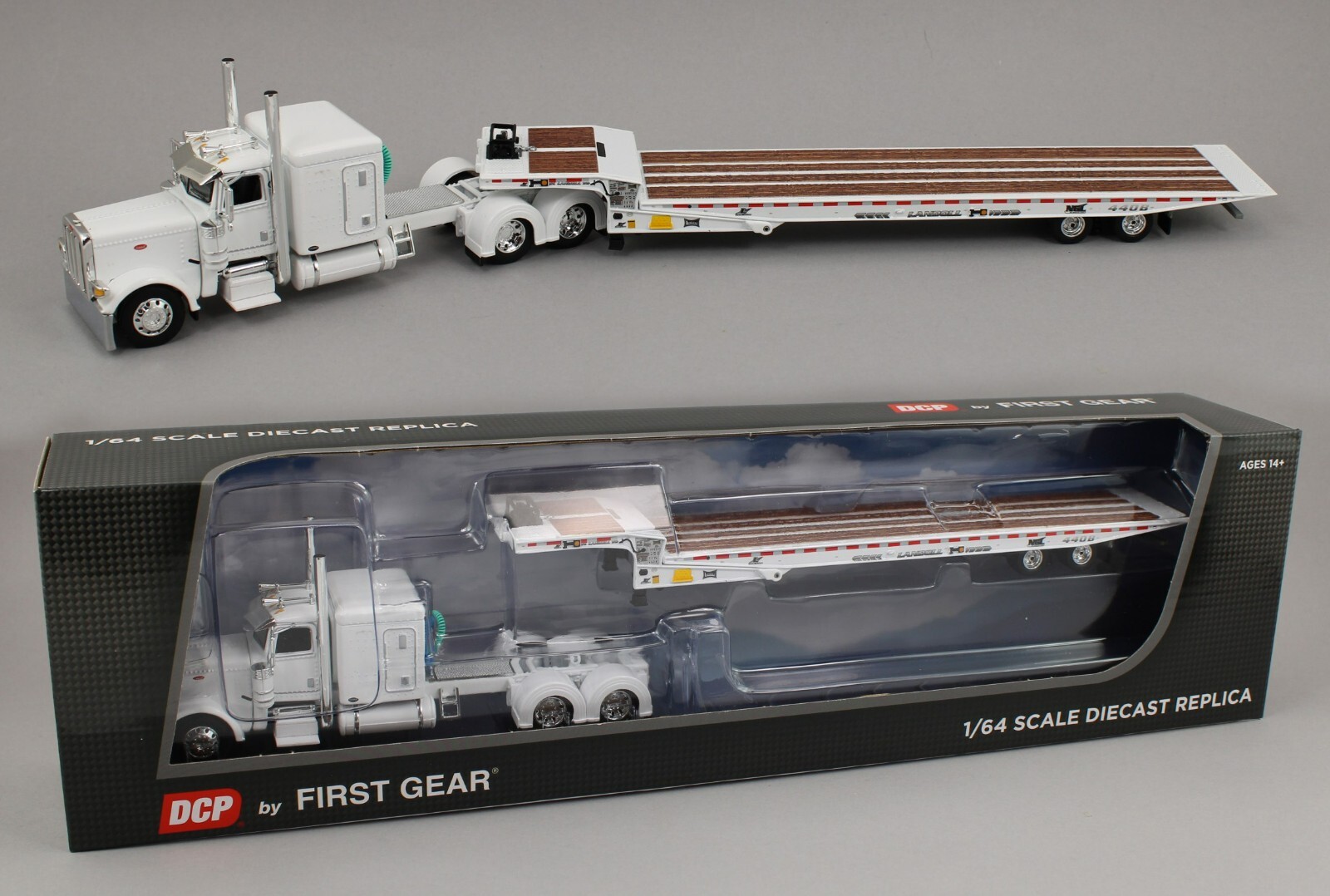DCP 1:64 *WHITE* Peterbilt 389 63″ Flattop w/LANDOLL 440 Traveling Axle Trailer
