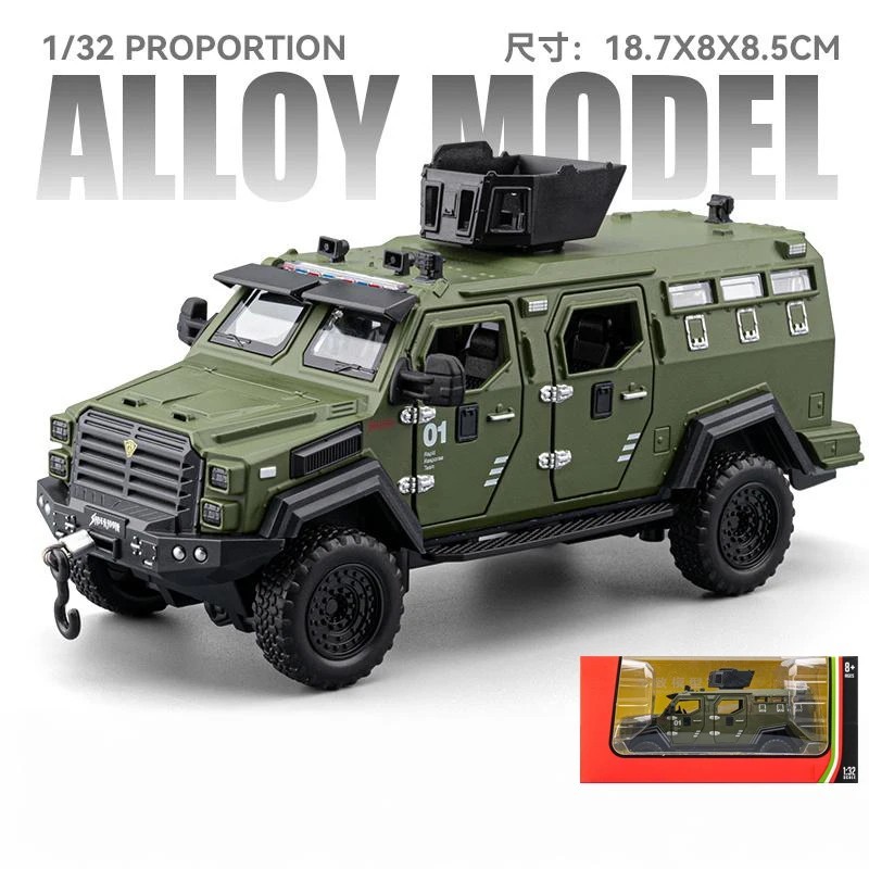 1:32 Police Armored Off-Road Diecast Car Model – Alloy Military Truck w/ Light