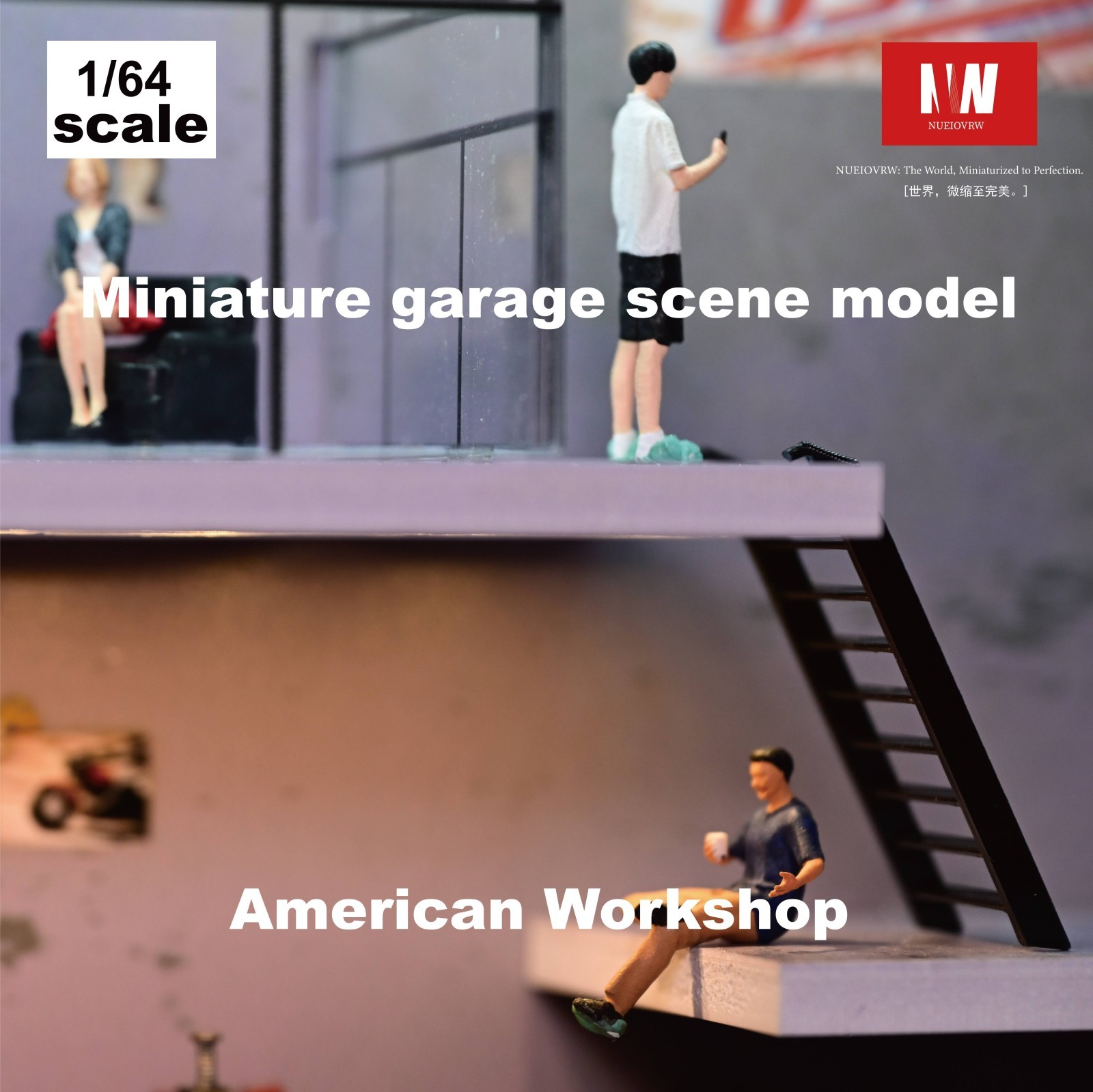 Diorama 1/64 Car Garage Model LED Car Repair Workshop ParkingLot Display Cabinet
