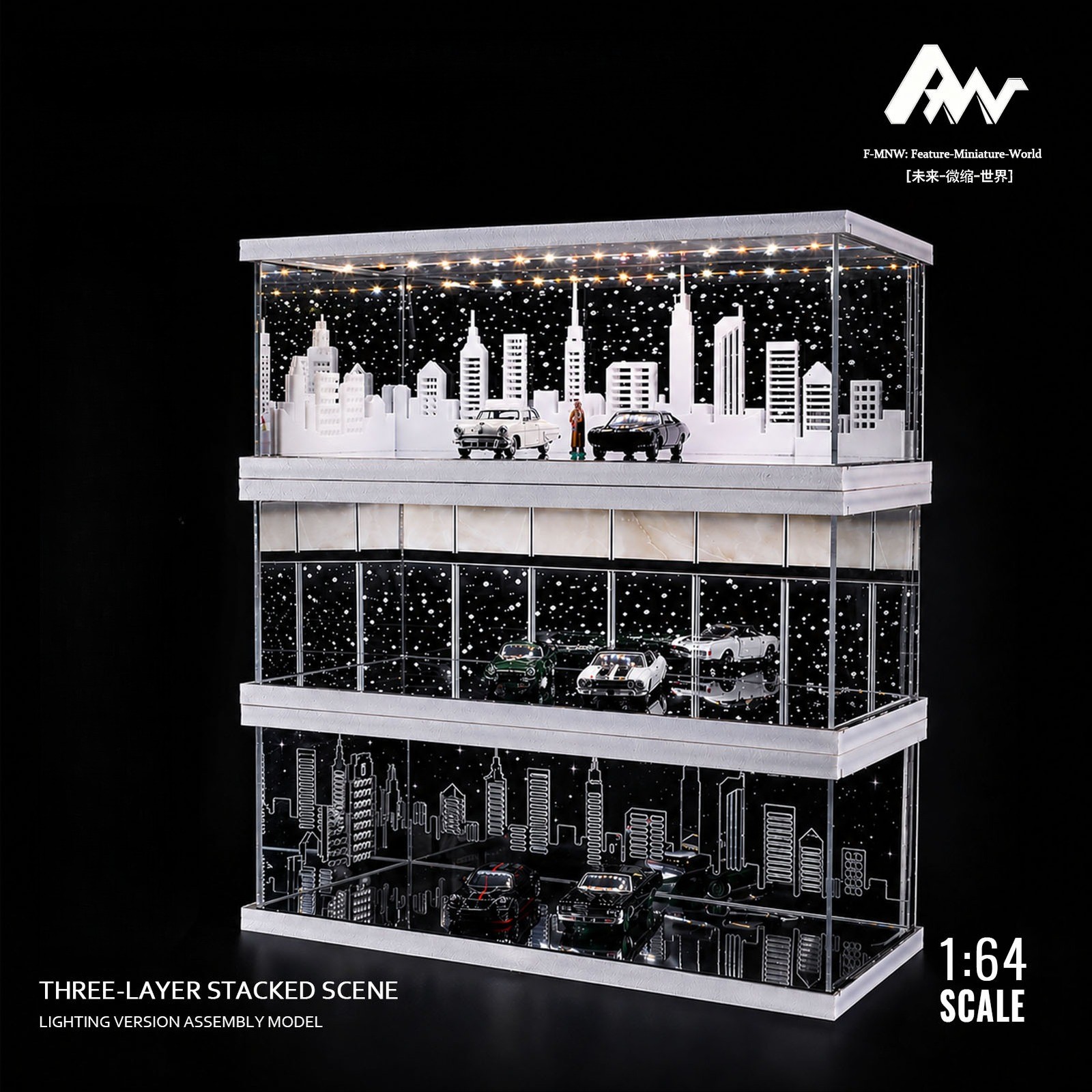 1/64 Diorama Mirror Garage Model 3-Color LED Parking Lot Display Case Building