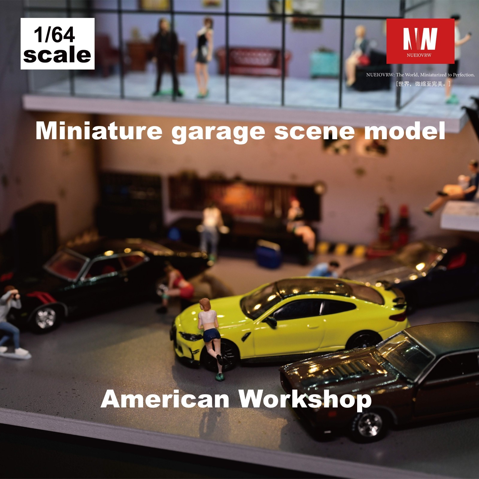 Diorama 1:64 Die-Cast Car Garage Model LED Repair Workshop Scene Display Case US