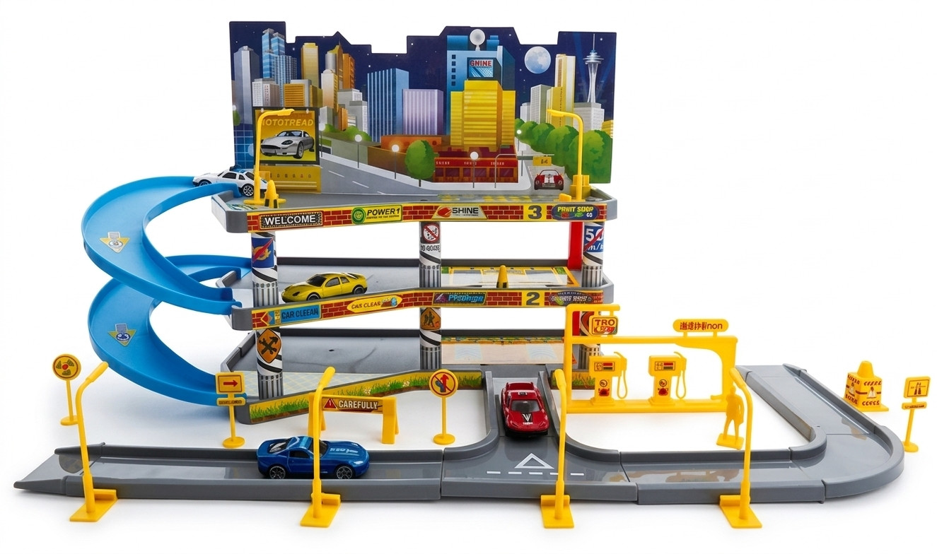 Urban Parking Garage Track Set w/ Cars + 11″ Friction Mega Tow Truck Toy