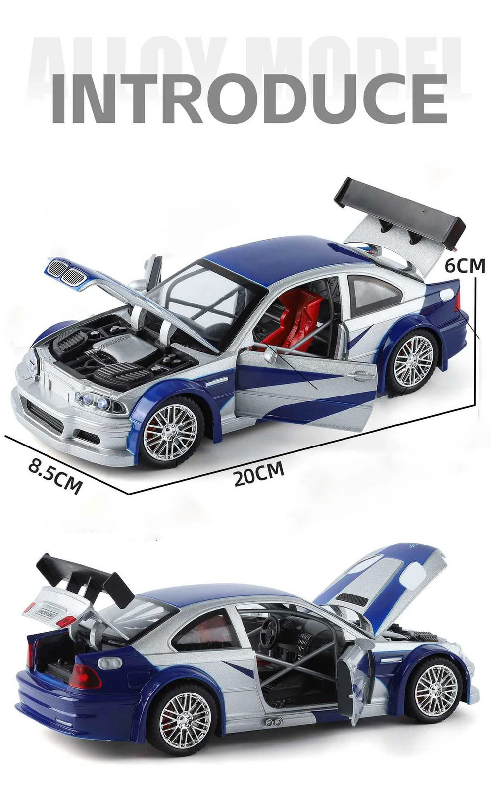 1:24 BMW M3 GTR E46 Muscle Model Car Sound Light Collectible gift