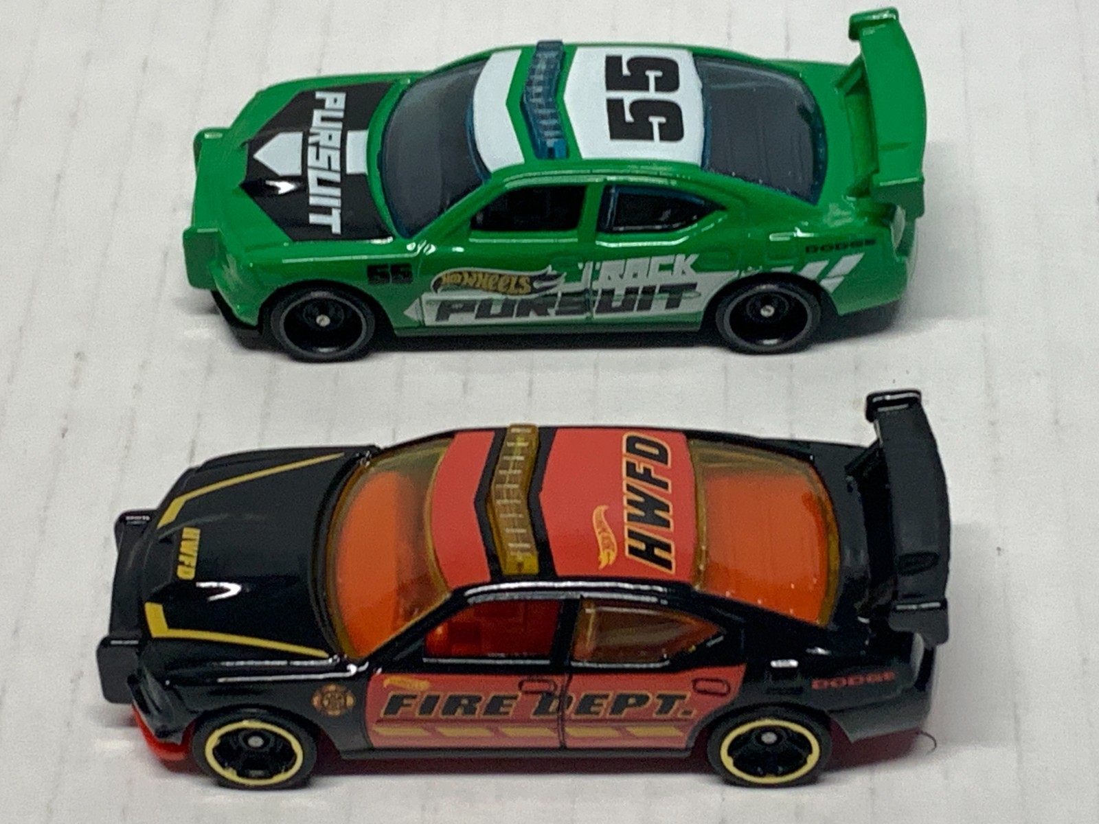 HOT WHEELS DODGE CHARGER PURSUIT X2. 2021 BLACK FIRE DEPT. & 2023 GREEN LOOSE