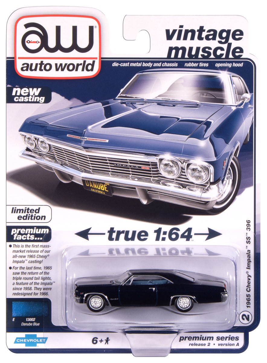 Auto World Vintage Muscle Danube Blue 1965 Chevy Impala SS 396 1:64 Diecast Car