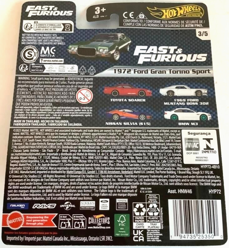 NEW Hot Wheels Premium Fast & Furious HYP72 FORD GRAN TORINO SPORT 3/5 1:64Scale