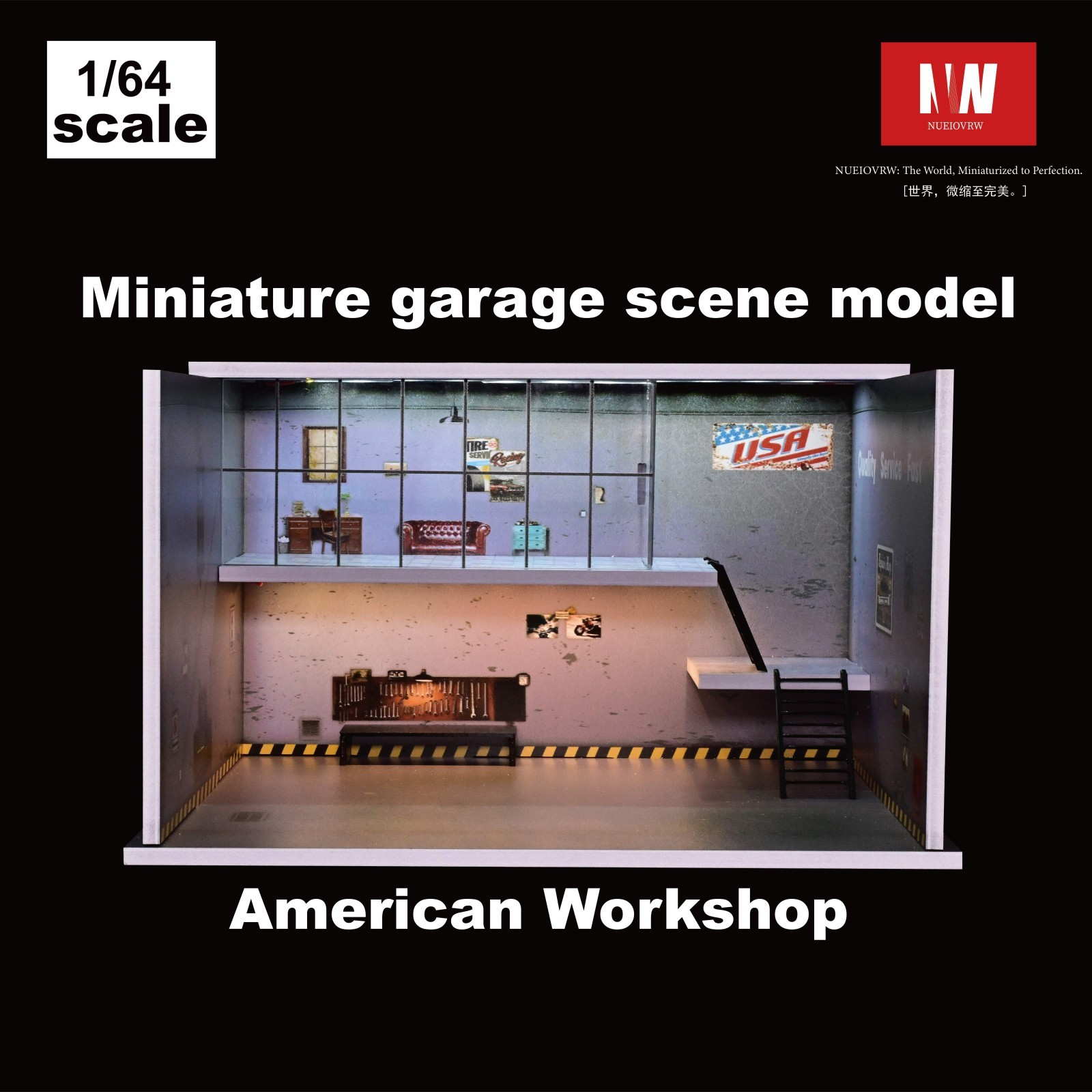 Diorama 1:64 Die-Cast Car Garage Model LED Repair Workshop Scene Display Case US
