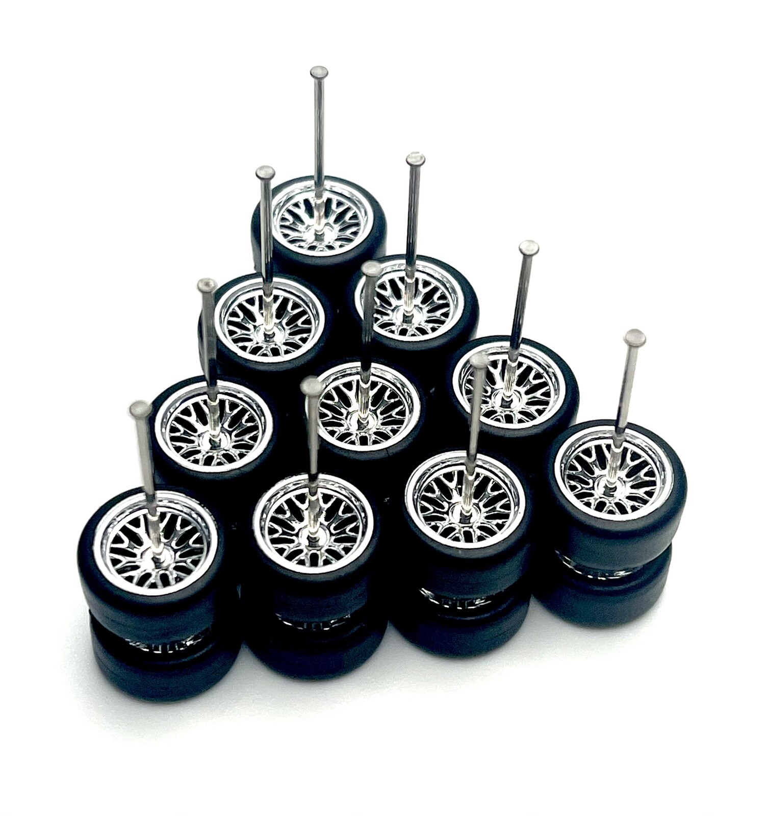 5x Sets Chrome BBS Real Rider Wheels With Rubber Tires For 1/64 Scale Cars