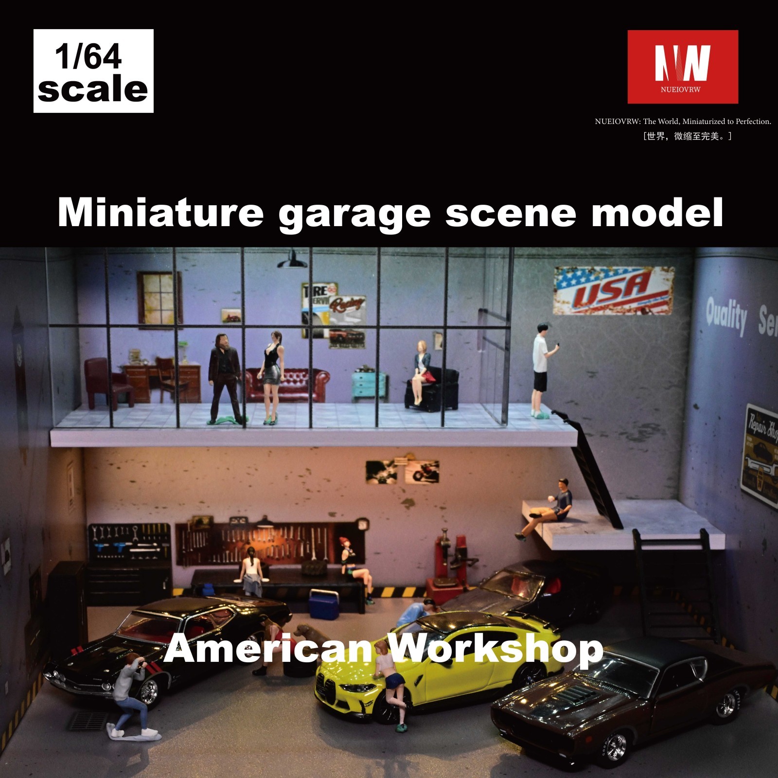 Diorama 1:64 Die-Cast Car Garage Model LED Repair Workshop Scene Display Case US