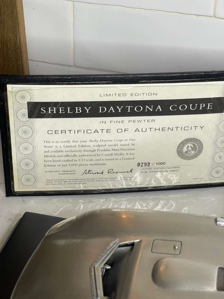 Franklin Mint Shelby Daytona Coupe In Fine Pewter 1:12 Scale with Stand