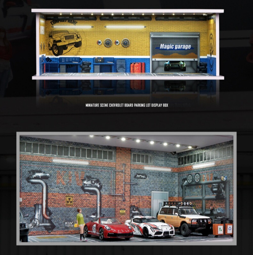 1/64 Diorama Car Garage LED Lighting Car Repair Workshop Scene Display Model Toy