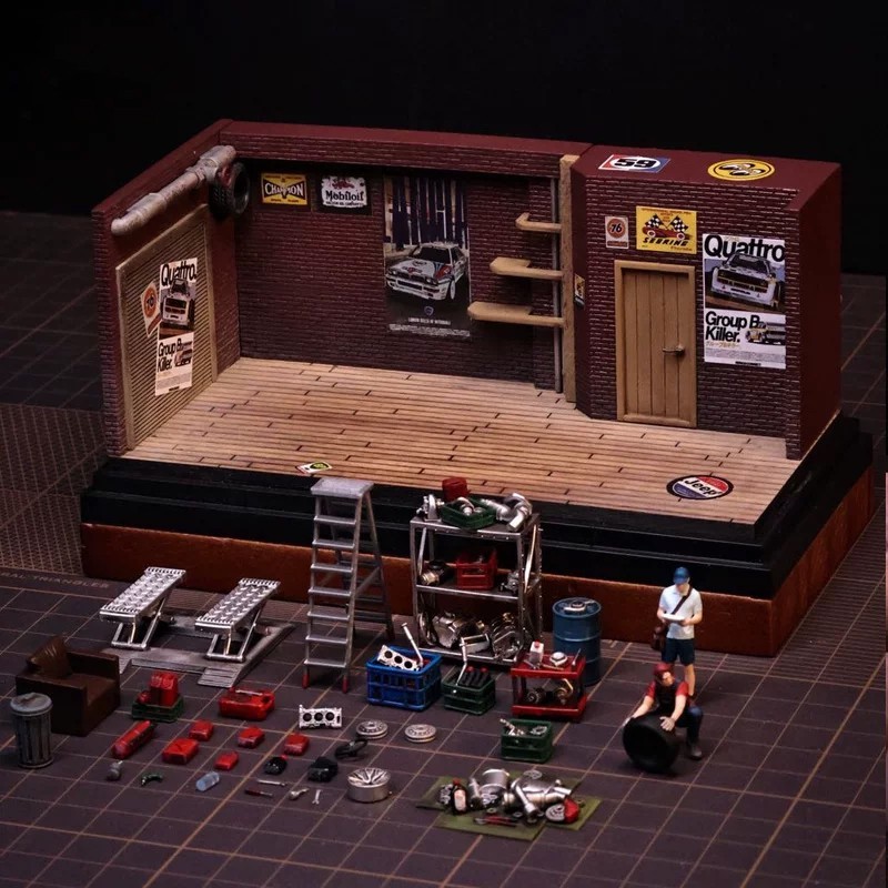 1/64 Garage Diorama with Lights, Miniature Repair Shop Scene Model for Display