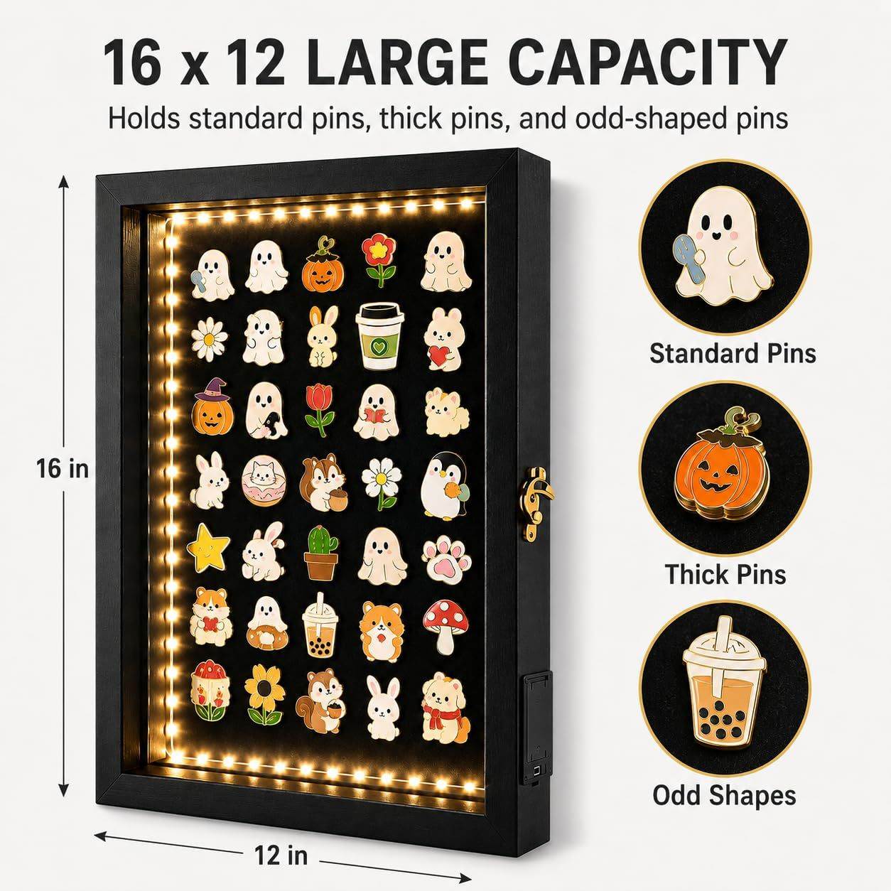 Light Up Pin Display Case – 12×16 Black Shadow Box Frame with Opening
