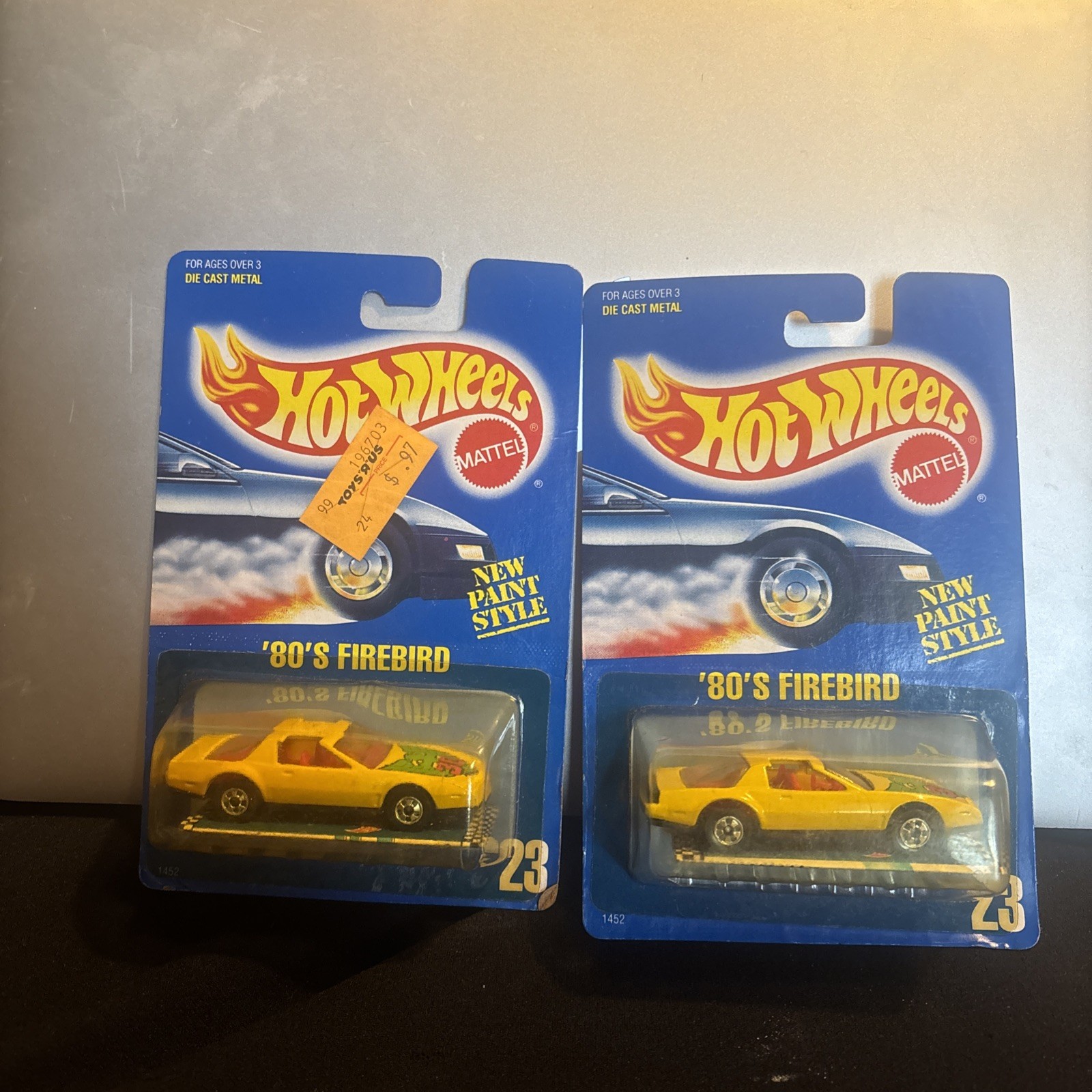2- 1990 Hotwheels Blue Card Yellow ’80’s Firebird Card 23 New Paint Style