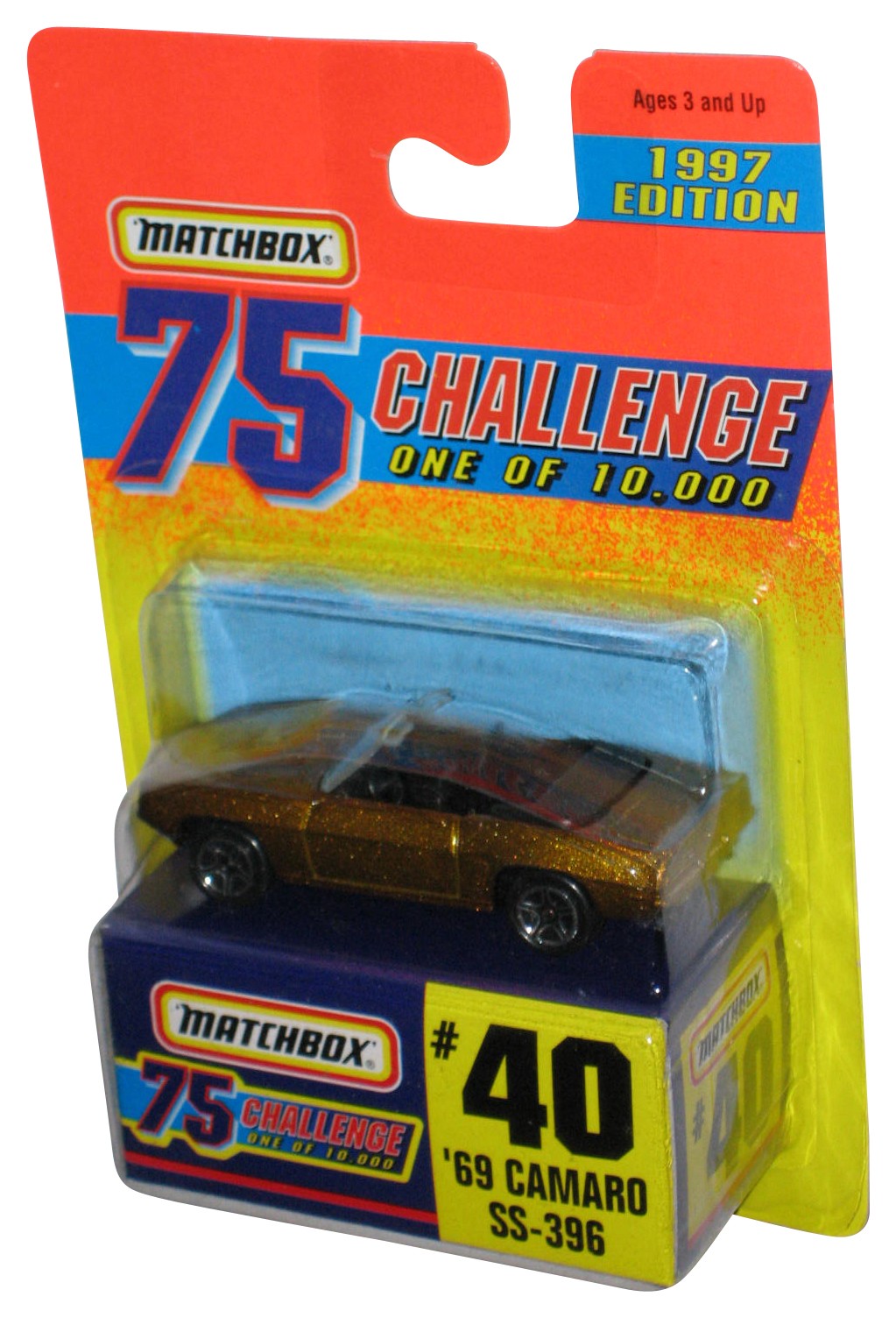 Matchbox 75 Challenge (1997) Mattel Gold ’69 Camaro SS-396 Toy Car #40