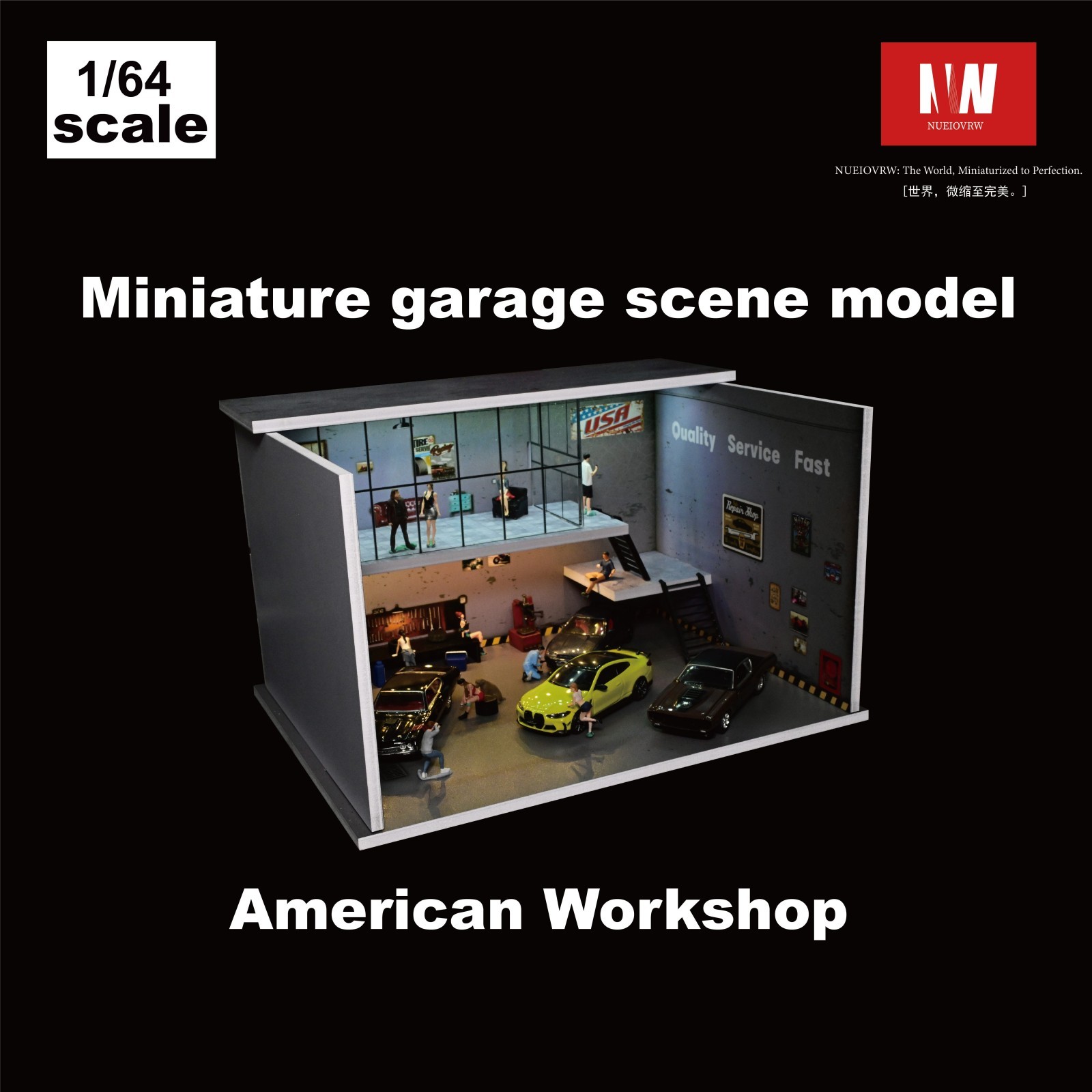 Diorama 1:64 Die-Cast Car Garage Model LED Repair Workshop Scene Display Case US