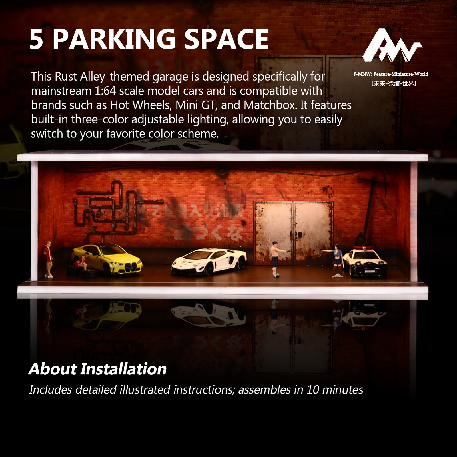 Diorama 1/64 Post-Apocalyptic Garage Model LED Parking Lot Display Case Building