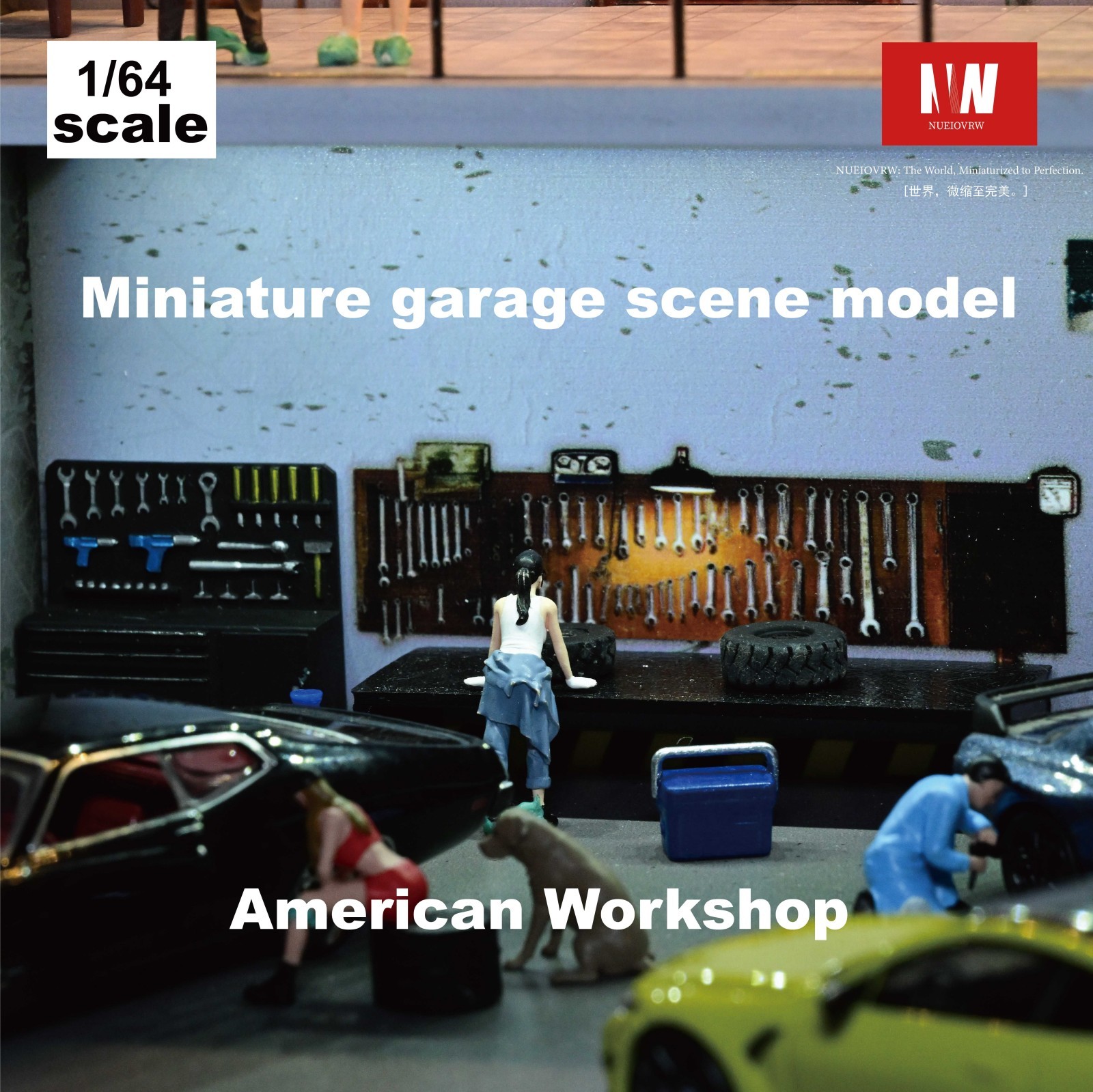 Diorama 1:64 Die-Cast Car Garage Model LED Repair Workshop Scene Display Case US
