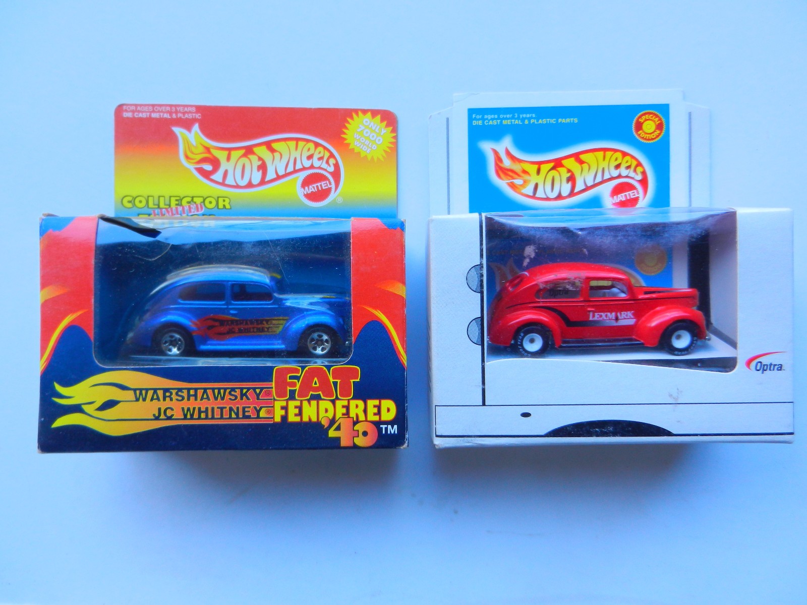 2Hot Wheels JC Whitney BLUE 1940 FORD FAT FENDER & RED ’40 FORD “LEXMARK” W/RR
