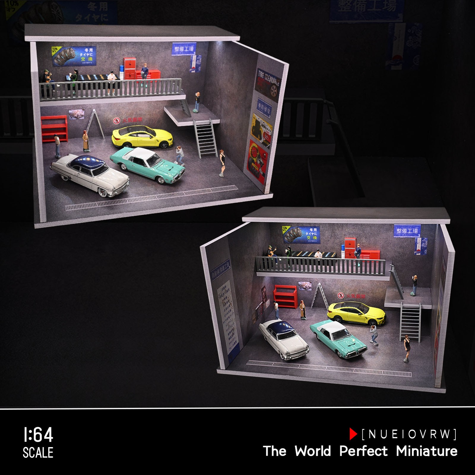 Diorama 1:64 Die-Cast Car Garage Model LED Repair Workshop Scene Display Case US