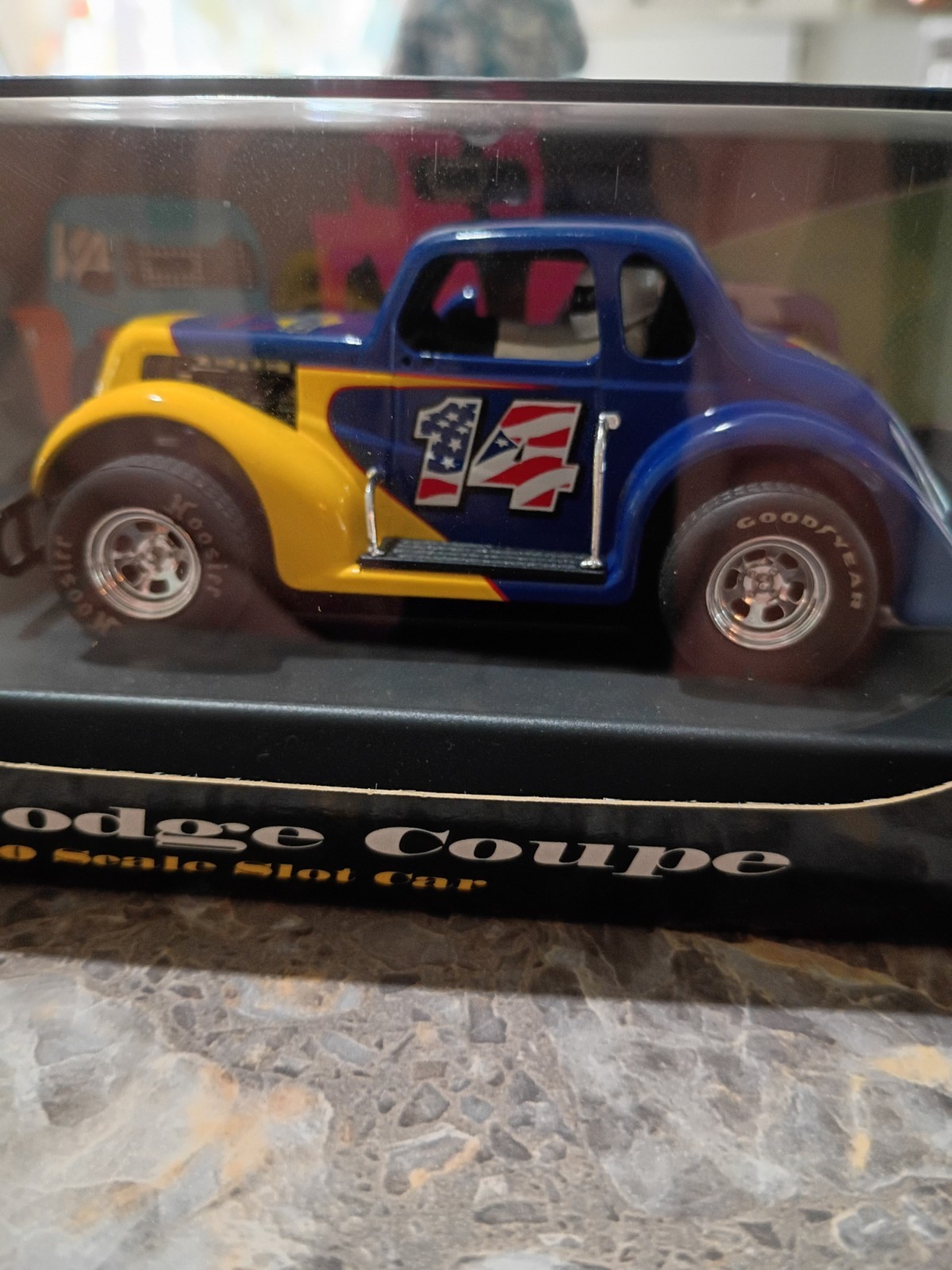Pioneer F Legends 1934 Dodge Coupe 1:30 Diecast Slot Car Blue/Yellow Case