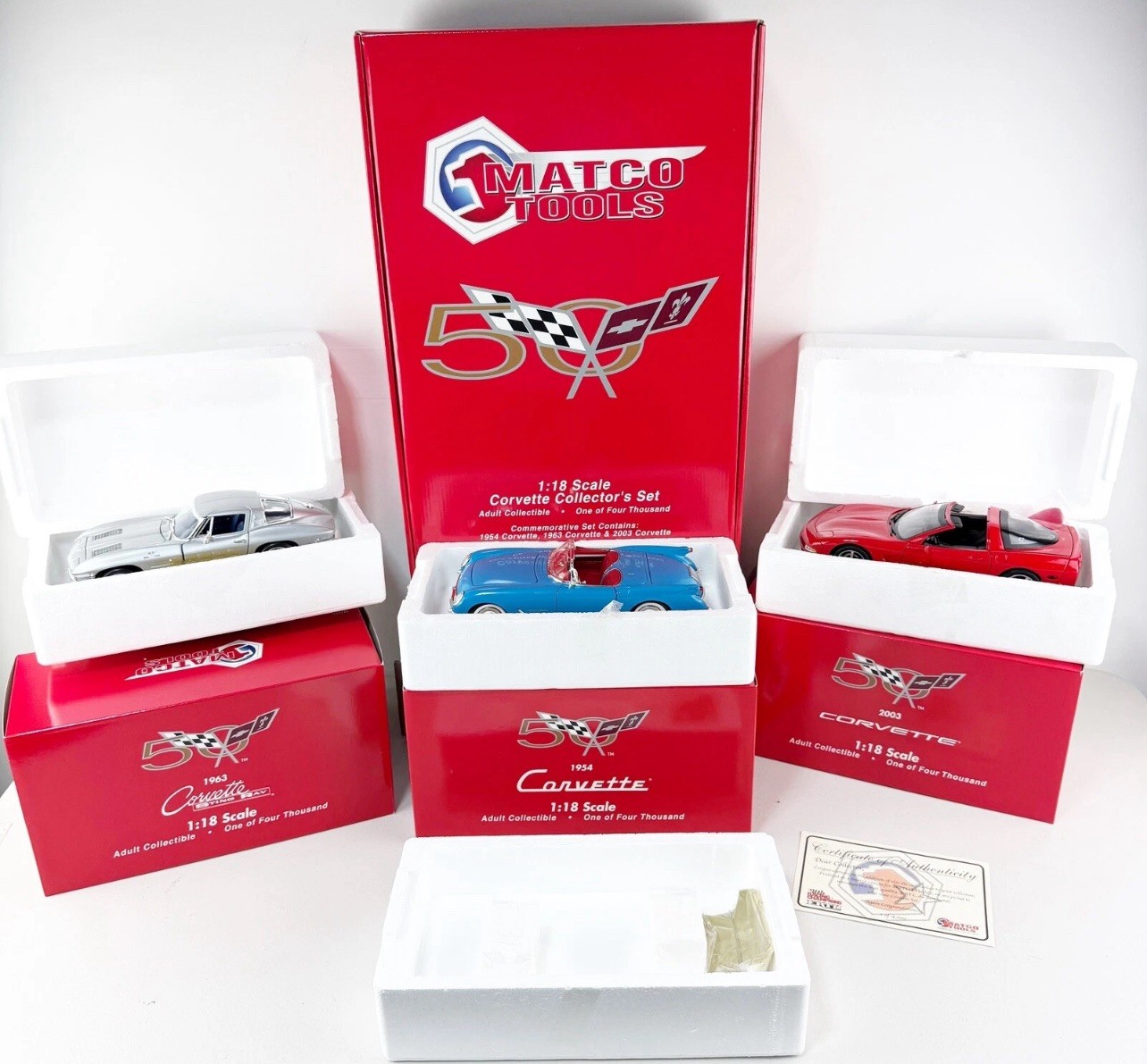 MATCO Corvette Set, 50th Anniv. 3 DIE CAST 1:18 CORVETTES 1954, 1963, 2003. MIB.