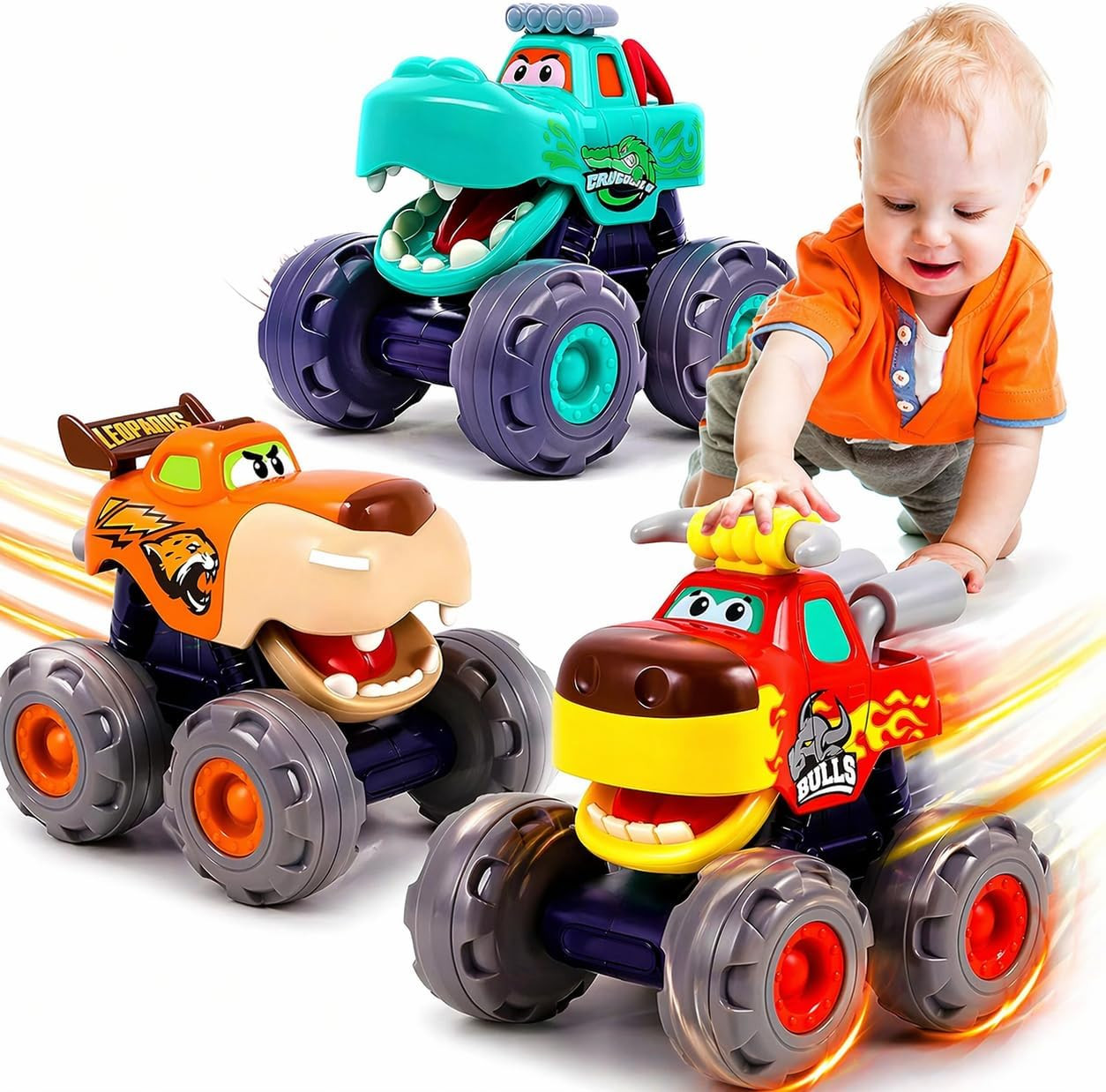 MOONTOY Toy Cars for Toddlers 1-3, 3 Pack Monster Truck Toys for 1 2 3 Year Old