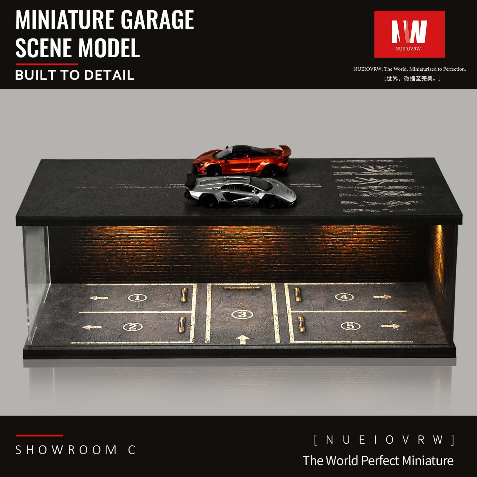 US 1:64/43 Black Garage Diorama Model LED Lighting Parking Lot Display Case Gift