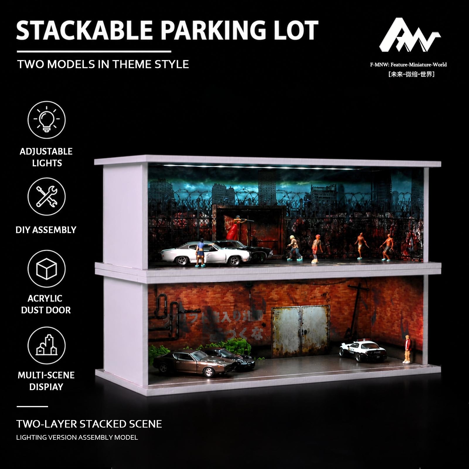 Diorama 1/64 Post-Apocalyptic Garage Model LED Parking Lot Display Case Building