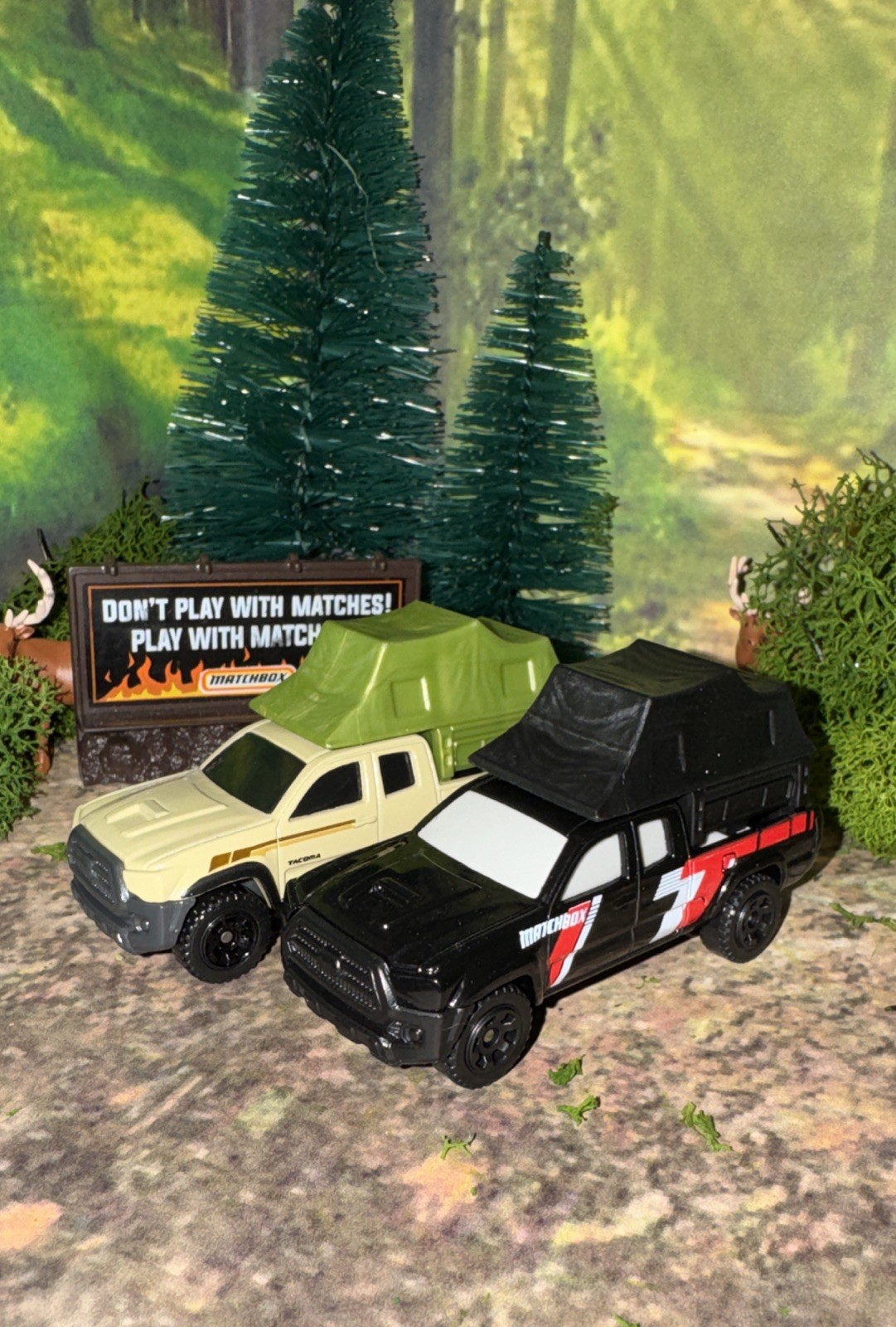 Lot Of 2 Toyota Tacoma Matchbox w/ Removable Camp Tent Black & Tan NLFFP 1:64 DC