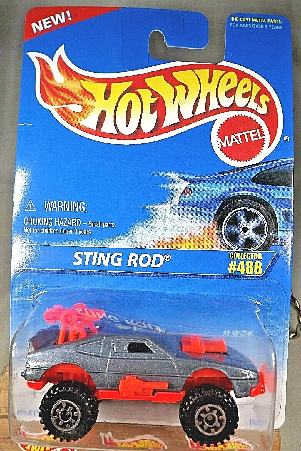 1995 Hot Wheels #488 Blue/White Card STING ROD Gray/Red w/Chrome Gear Sp Wheels