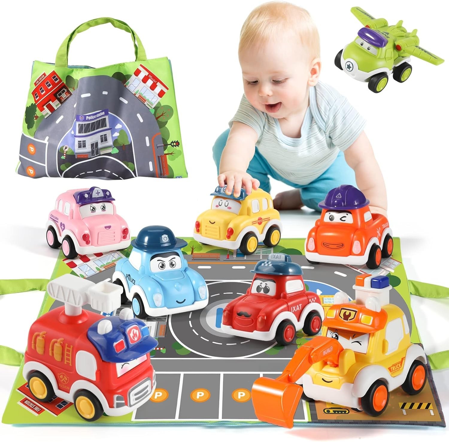 8Pcs Cartoon car Pull Back Toys, Kids car vehicle Set with Mat & Storage bag UK
