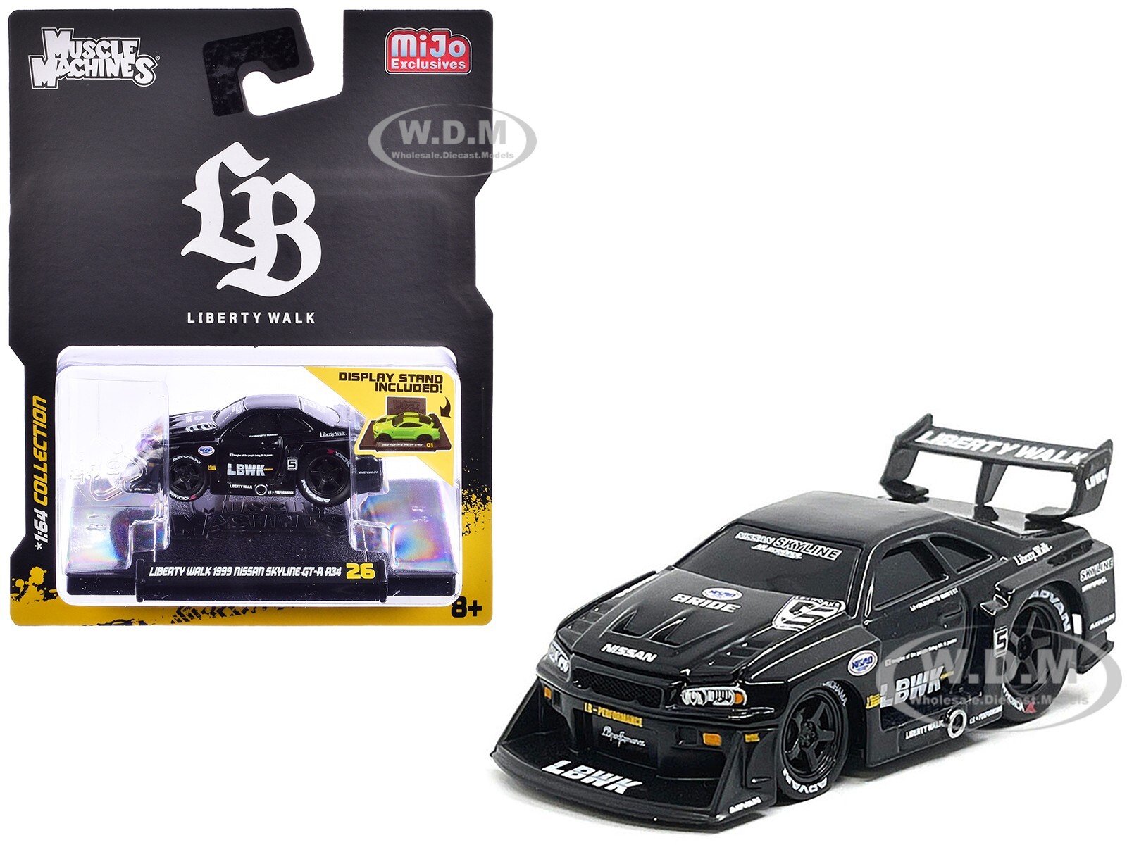 1999 NISSAN SKYLINE GT-R R34 #5 LIBERTY WALK BLACK 1/64 BY MUSCLE MACHINES 15566
