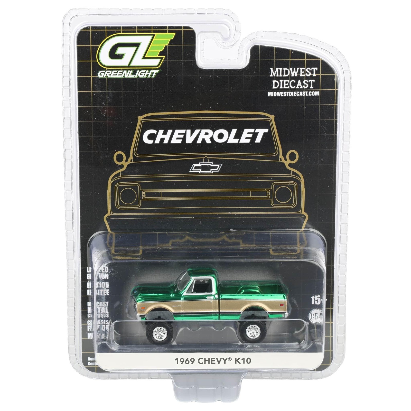 Green Chrome Chase Unit ~ 1/64 Lifted 1969 Chevrolet K10 Pickup Truck, 51687-B
