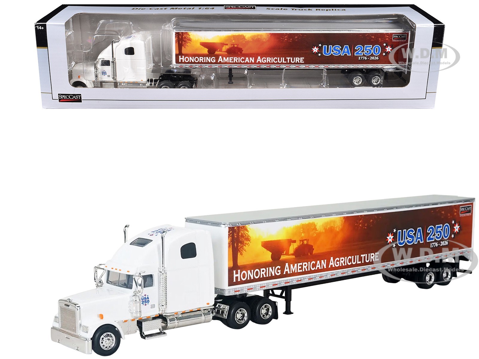FREIGHTLINER CLASSIC XL SLEEPER W/TRAILER “USA 250” WHITE 1/64 BY SPECCAST 35595