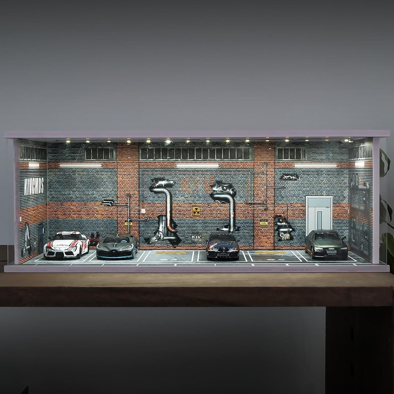 1/64 Diorama Car Garage Model LED Lighting City Parking Lot Scene Building Model