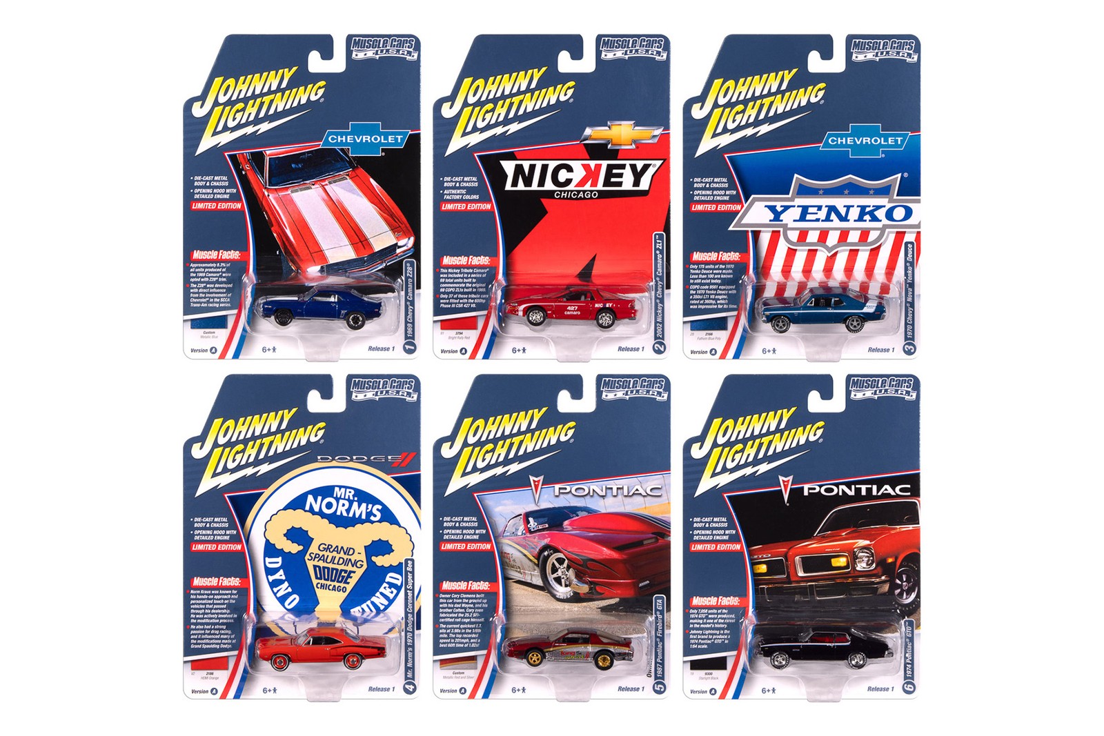 BOX OF 6 MUSCLE CARS USA 2025 RELEASE 1 SET A 1/64 JOHNNY LIGHTNING JLMC034/48A