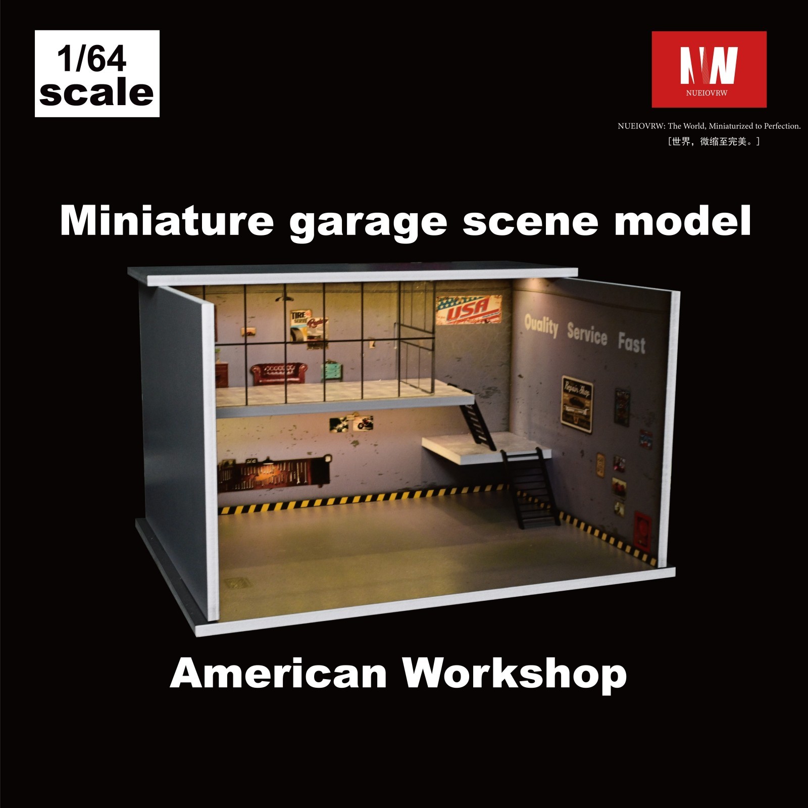 Diorama 1:64 Die-Cast Car Garage Model LED Repair Workshop Scene Display Case US