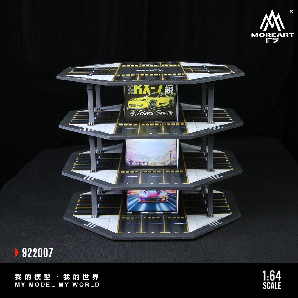 1/64 Diorama Diecast Car Garage Model LED Parking Lot Street Building Scene Gift