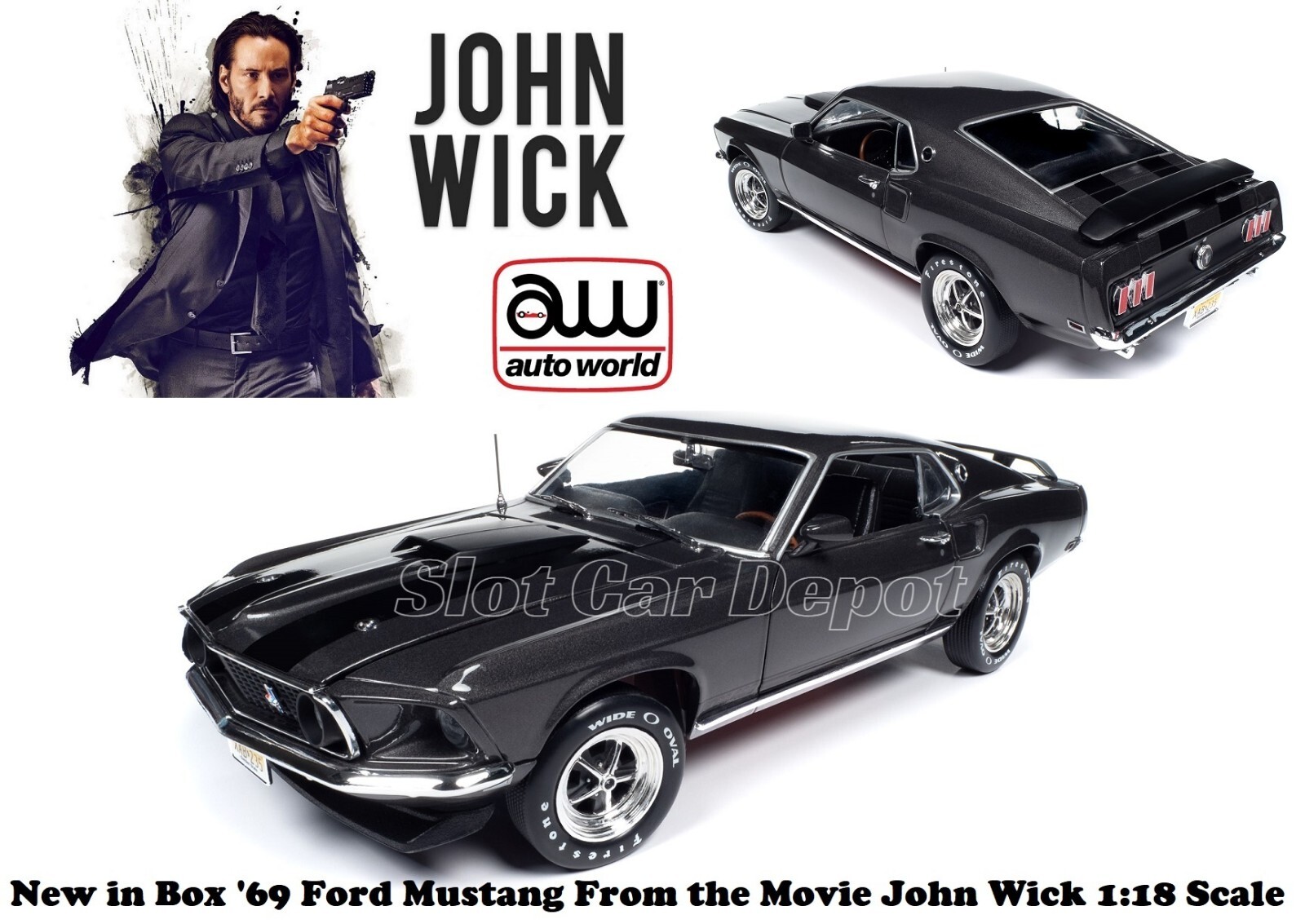 Auto World ’69 Ford Mustang Movie (John Wick) 1:18 Scale Diecast Car AWSS145