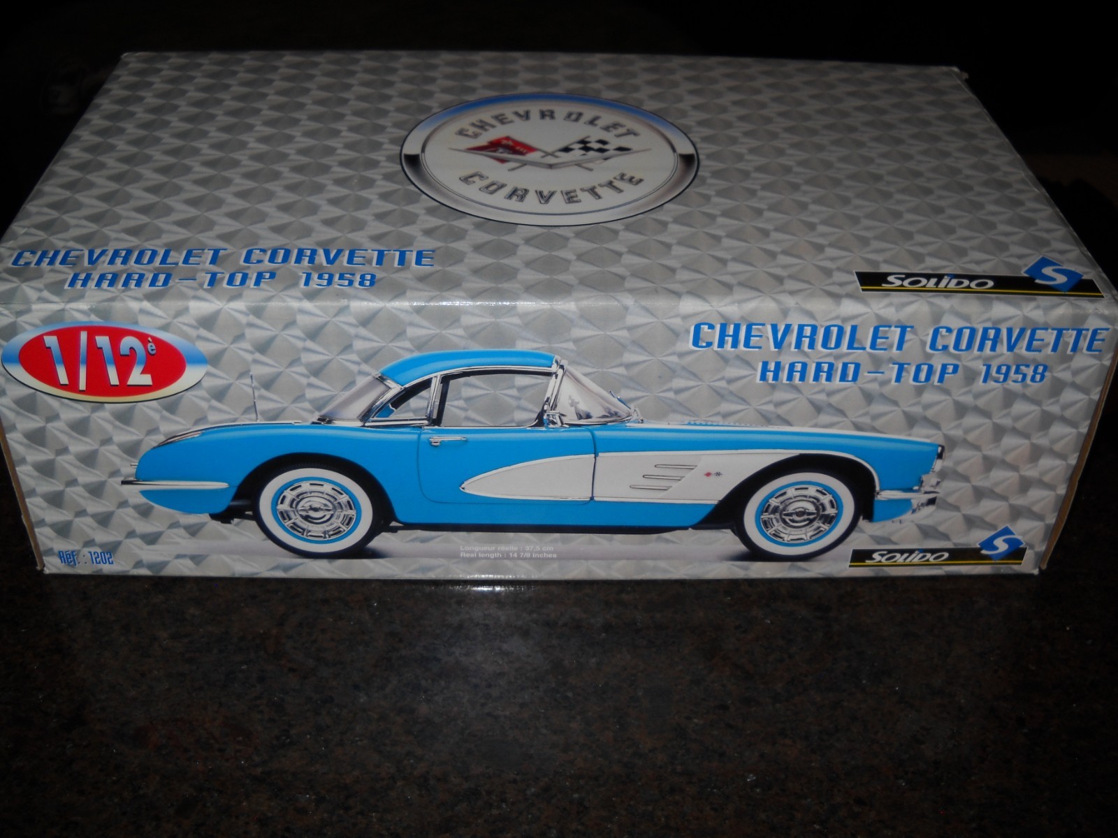 😎–SOLIDO REF.#1202**1958 CHEVROLET CORVETTE–1/12 BLUE H.T.w/REMOVABLE TOP😎