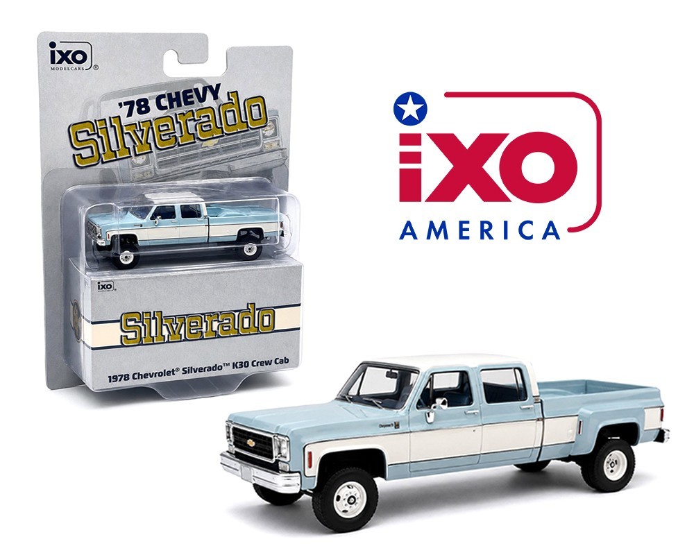 IXO Model 1978 Chevrolet Silverado K30 Crew Cab Fleetside Lifted Blue 64007 1/64