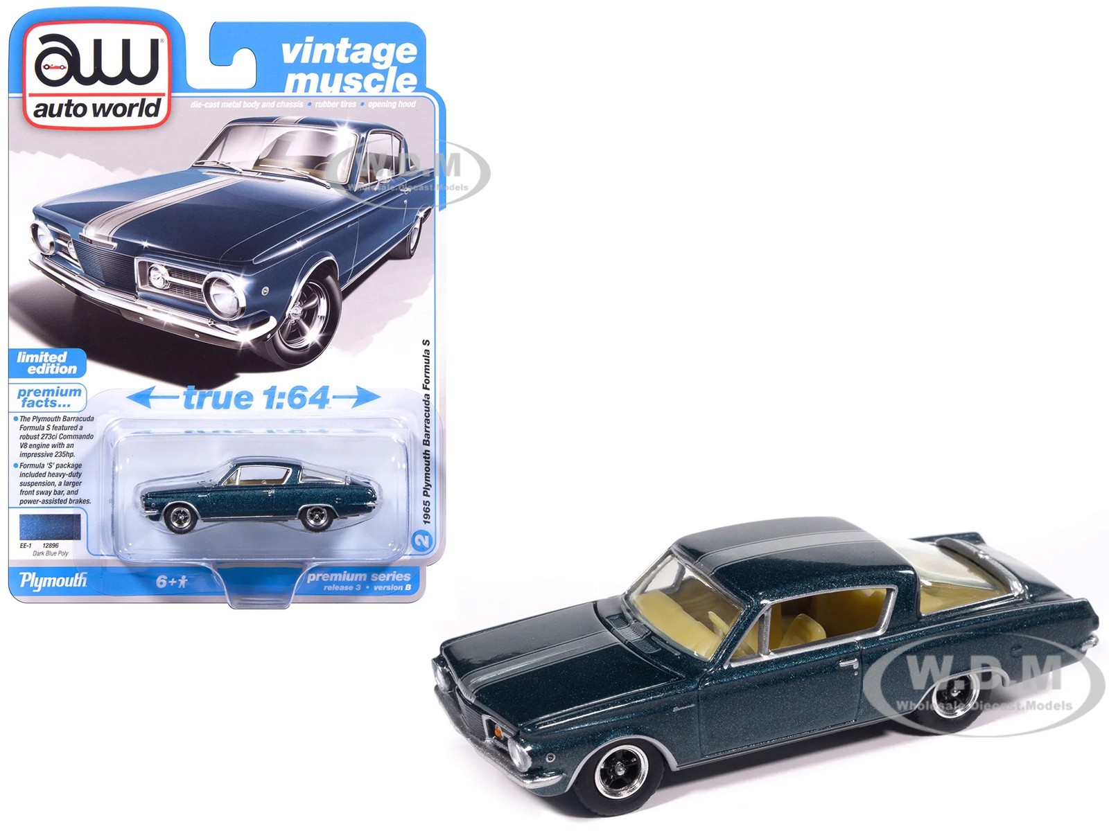 1965 PLYMOUTH BARRACUDA FORMULA S DARK BLUE 1/64 BY AUTO WORLD 64522-AWSP207 B