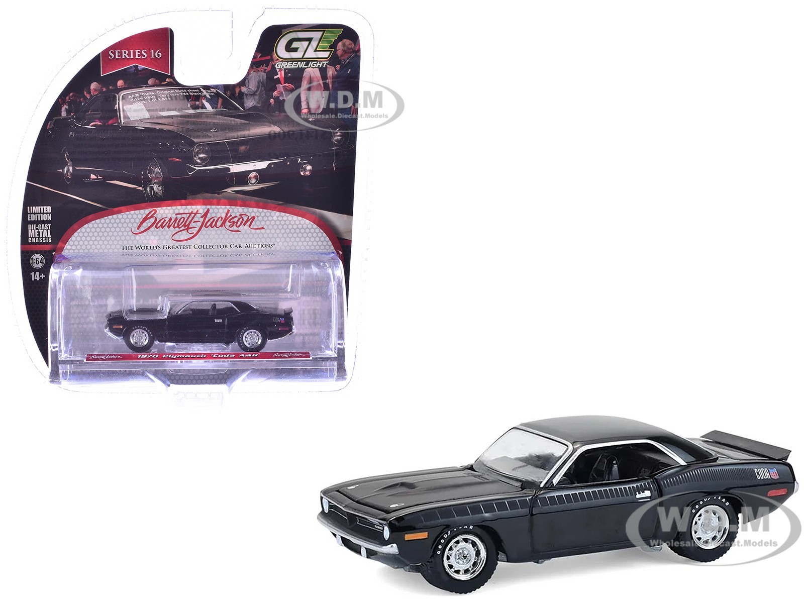 1970 PLYMOUTH ‘CUDA AAR BLACK 1/64 DIECAST MODEL CAR BY GREENLIGHT 37330 E