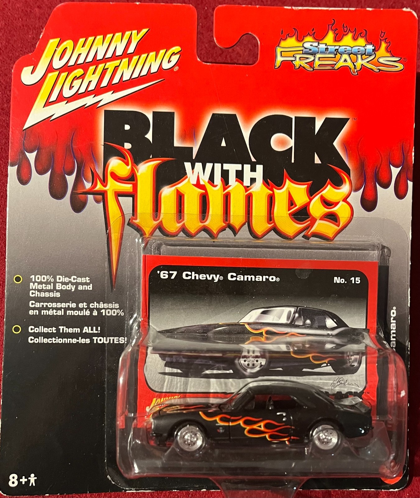 JOHNNY LIGHTNING BLACK WITH FLAMES ’67 CHEVY CAMARO #15. SEE COMBINED OFFERS!